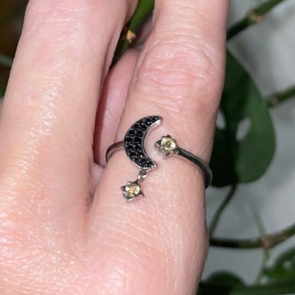 Crescent moon golden star dangle charm ring sterling